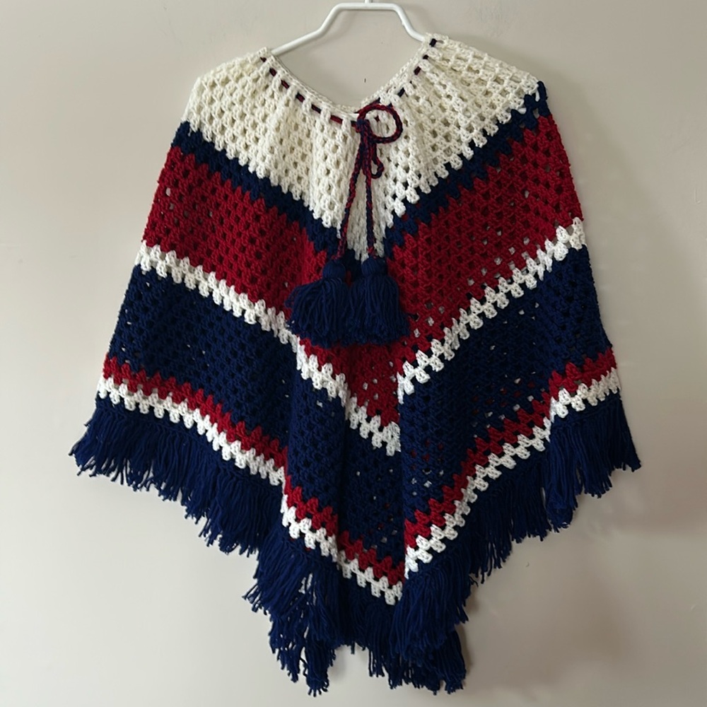 Hand made crochet ponch granny square style fringe/pom pom ties adult si…